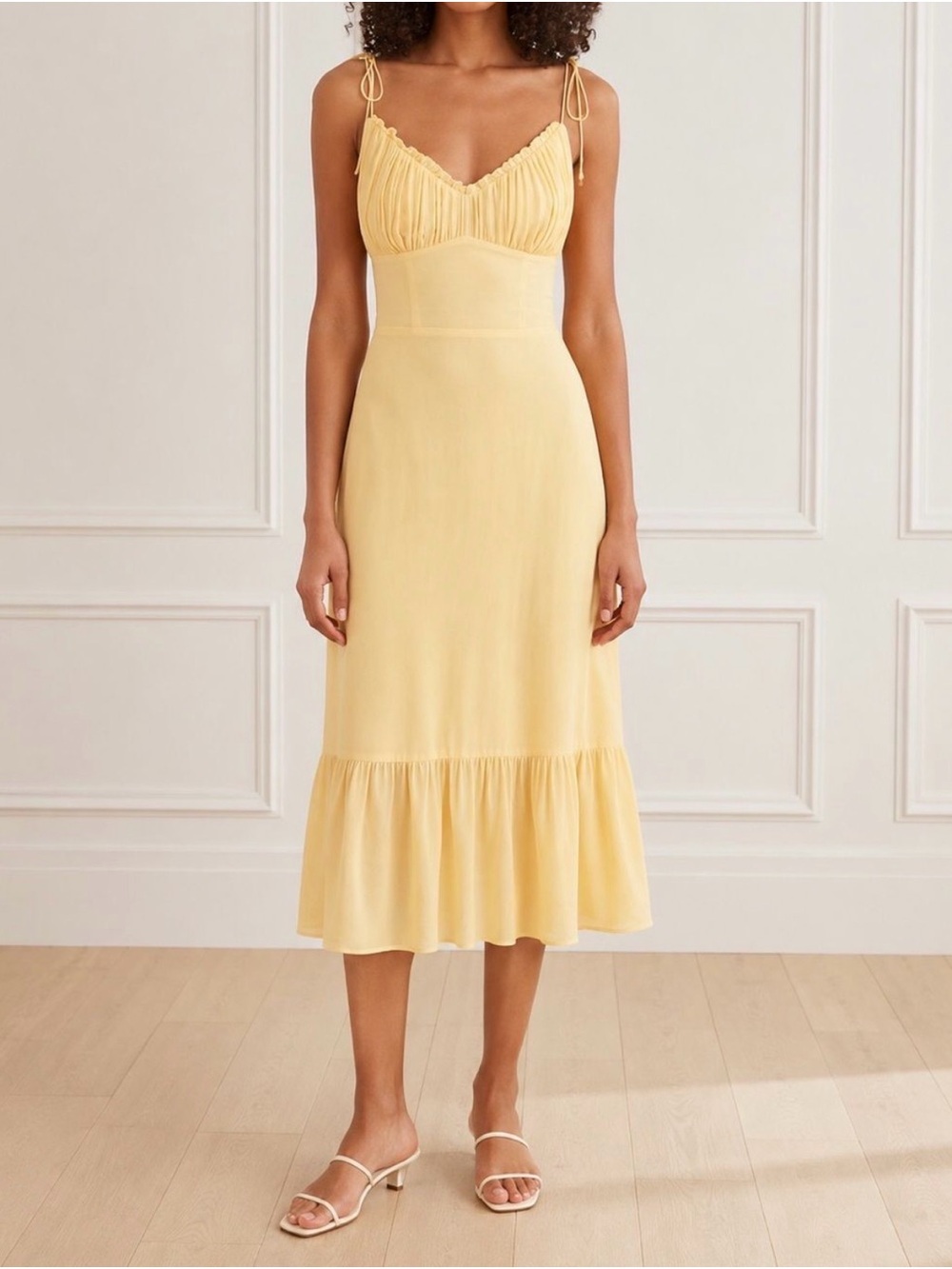 Reformation Embry Midi Dress Sunshine Yellow Tie Strap Ruffle Hem
